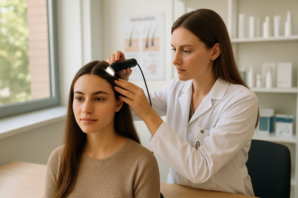 Dermatologista examina o couro cabeludo de uma mulher jovem com um dermatoscópio portátil em consultório moderno e iluminado, com prateleiras ao fundo e laptop sobre a mesa