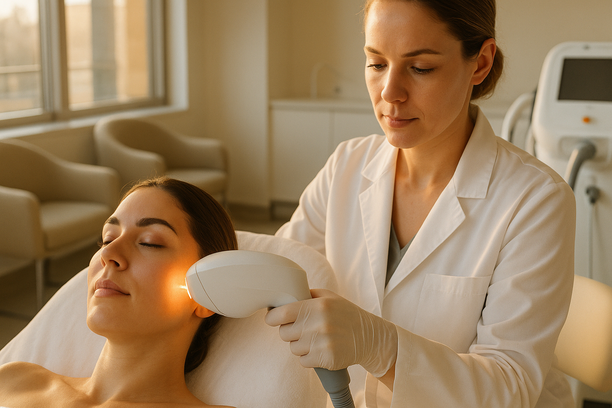 Mulher com pele saudável recebendo tratamento facial com luz intensa pulsada por profissional em clínica dermatológica iluminada pela luz do entardecer