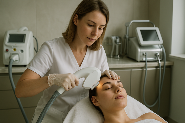 Profissional da área da saúde aplica tratamento com Luz Intensa Pulsada no rosto de uma paciente em clínica dermatológica moderna e bem iluminada.