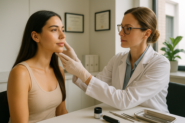 Mulher com pele saudável sendo avaliada por dermatologista em consultório moderno com bancada organizada, diplomas ao fundo e planta decorativa