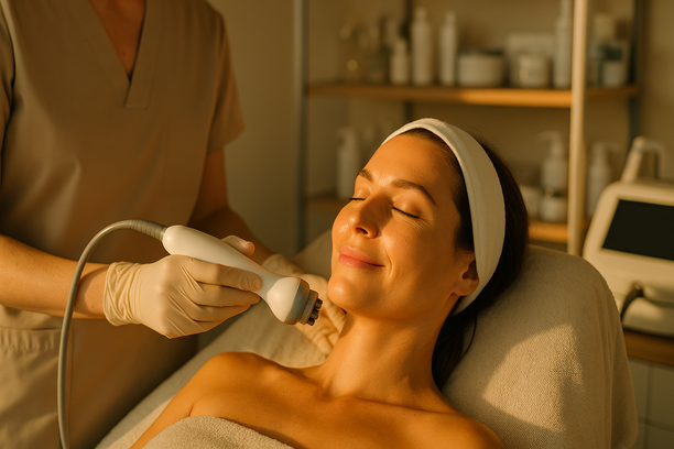 Mulher recebendo tratamento facial com aparelho de radiofrequência em clínica dermatológica, com profissional usando luvas e ambiente sofisticado ao fundo.