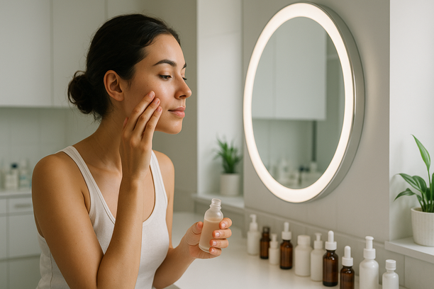 Mulher jovem aplica sérum facial frente ao espelho iluminado em clínica dermatológica moderna, com frascos de dermocosméticos organizados na bancada.
